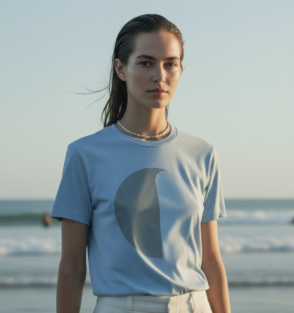 PRE-ORDER: 'Baby Not Blue' certified organic (basic) tee – milky blue (women) by Oldest Daughter