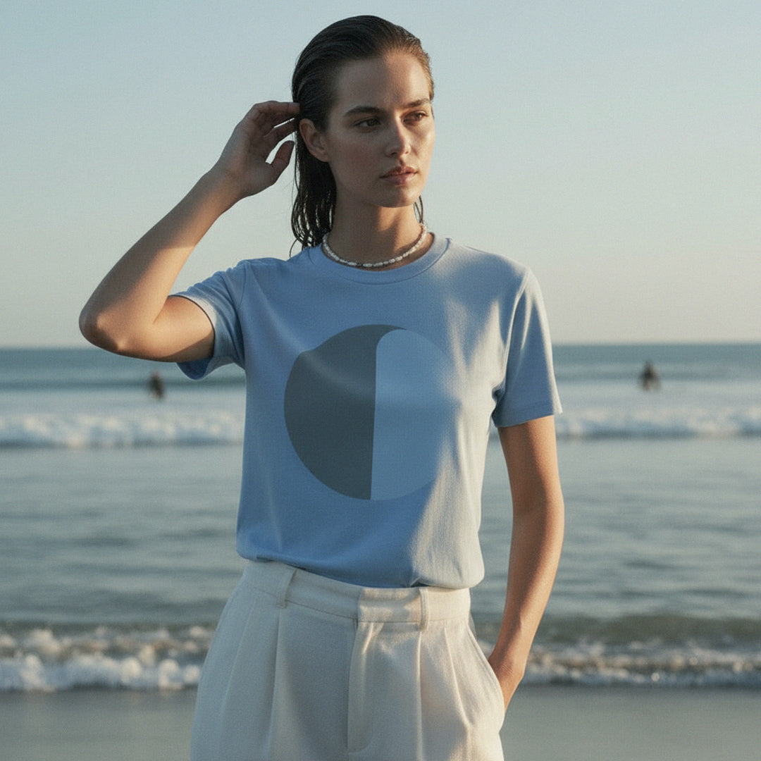 PRE-ORDER: 'Baby Not Blue' certified organic (basic) tee – milky blue (women) by Oldest Daughter