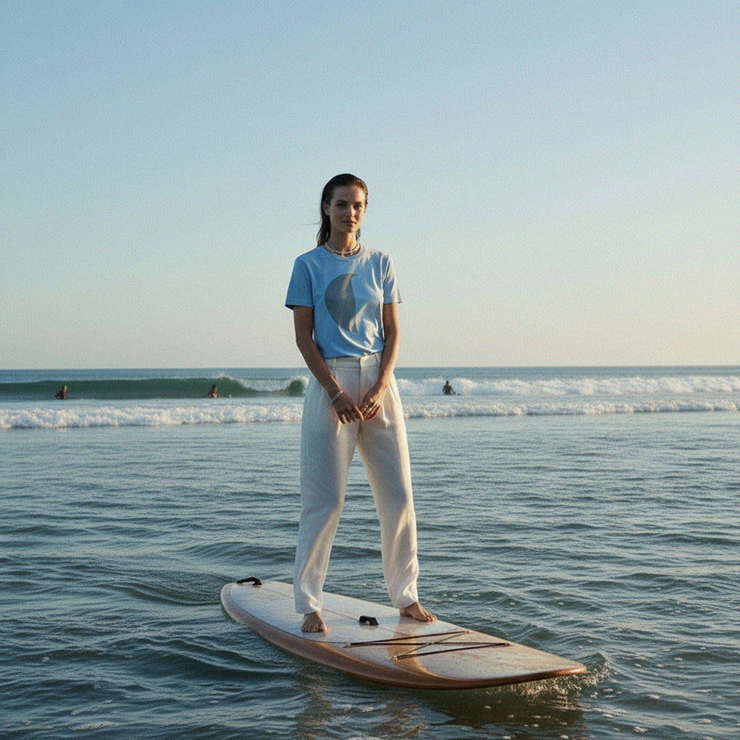 PRE-ORDER: 'Baby Not Blue' certified organic (basic) tee – milky blue (women) by Oldest Daughter