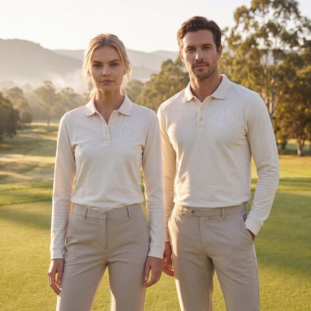 A man and a woman on a golf course, both wearing the PERRY organic cotton long sleeve polo in cream – Oldest Daughter, Byron Bay