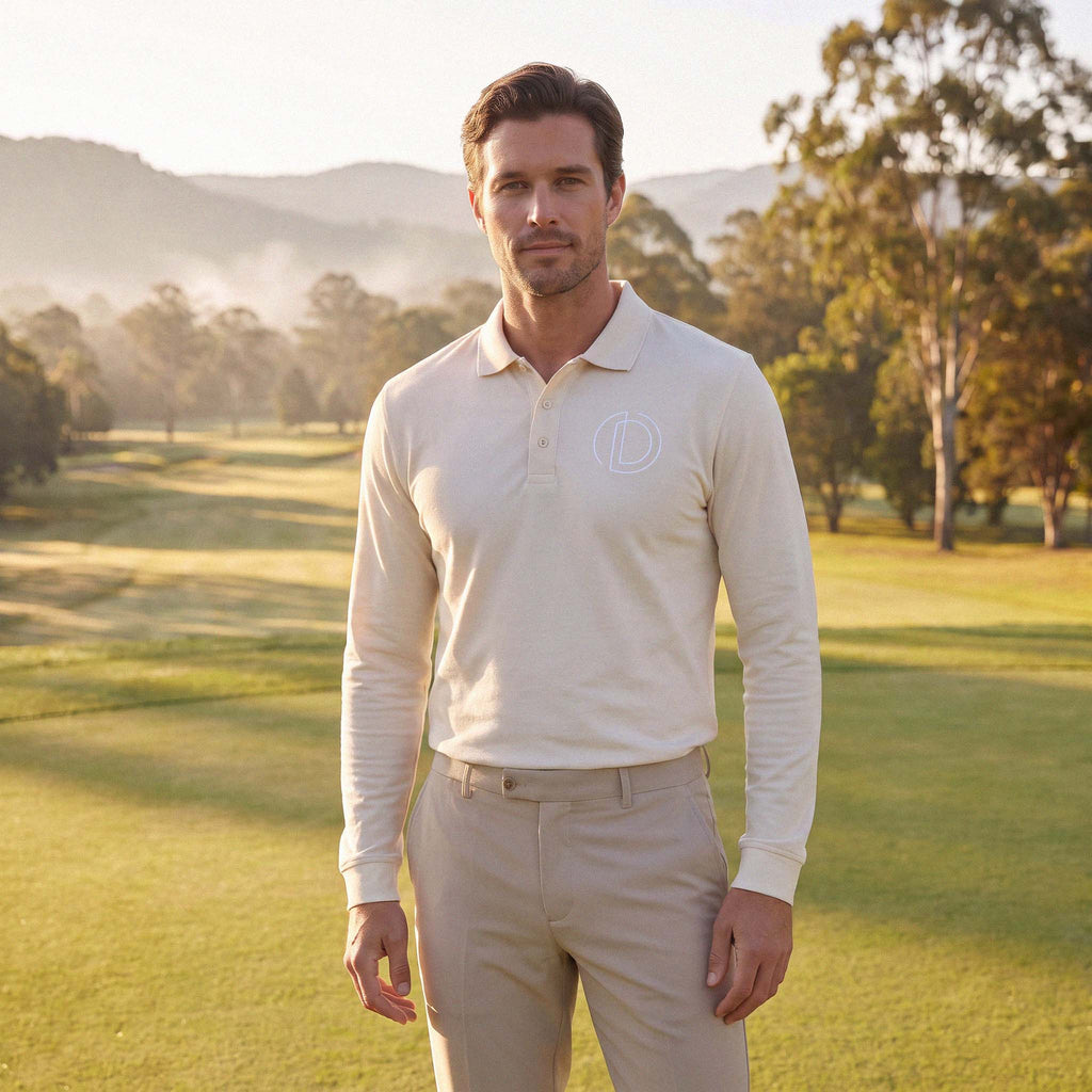 A man wearing the PERRY organic cotton long sleeve golf polo in cream on a golf course – Oldest Daughter, Byron Bay