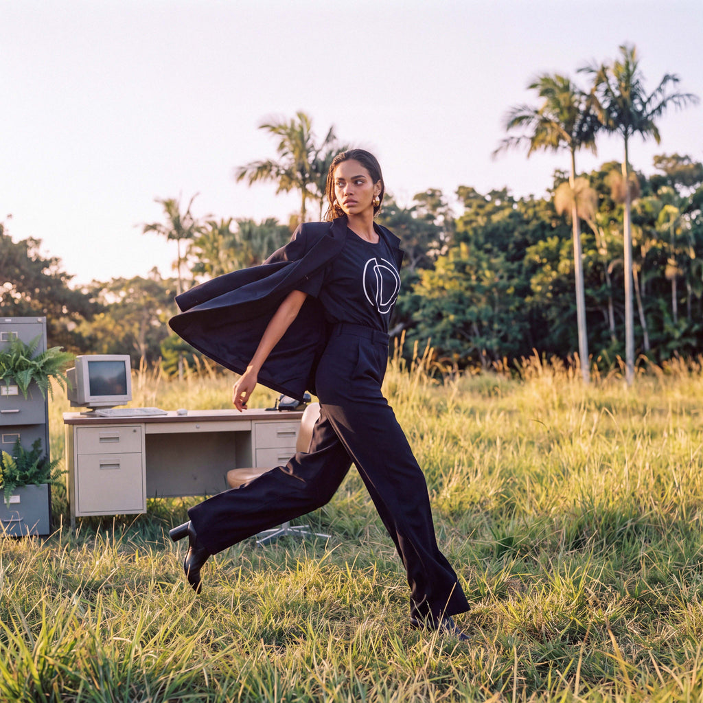 AMAYA black organic cotton tee styled with tailored trousers – Oldest Daughter, Byron Bay