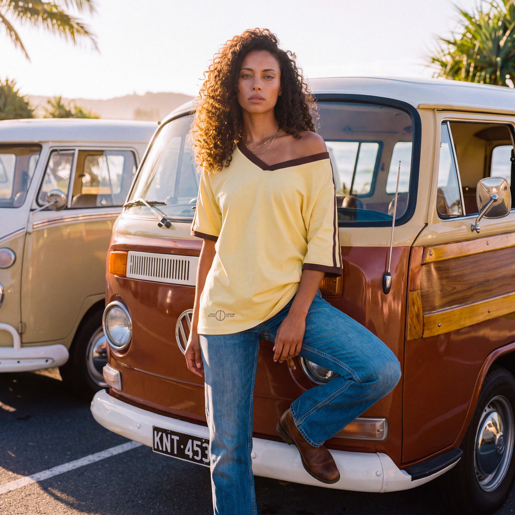 Back view of the ANNI boyfriend jersey tee in pale yellow organic cotton – Oldest Daughter