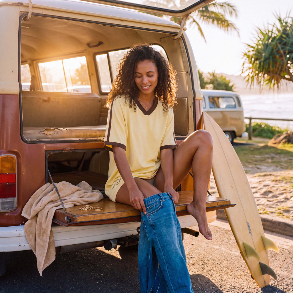 ANNI pale yellow organic cotton tee with brown trim styled on model – Oldest Daughter, Byron Bay