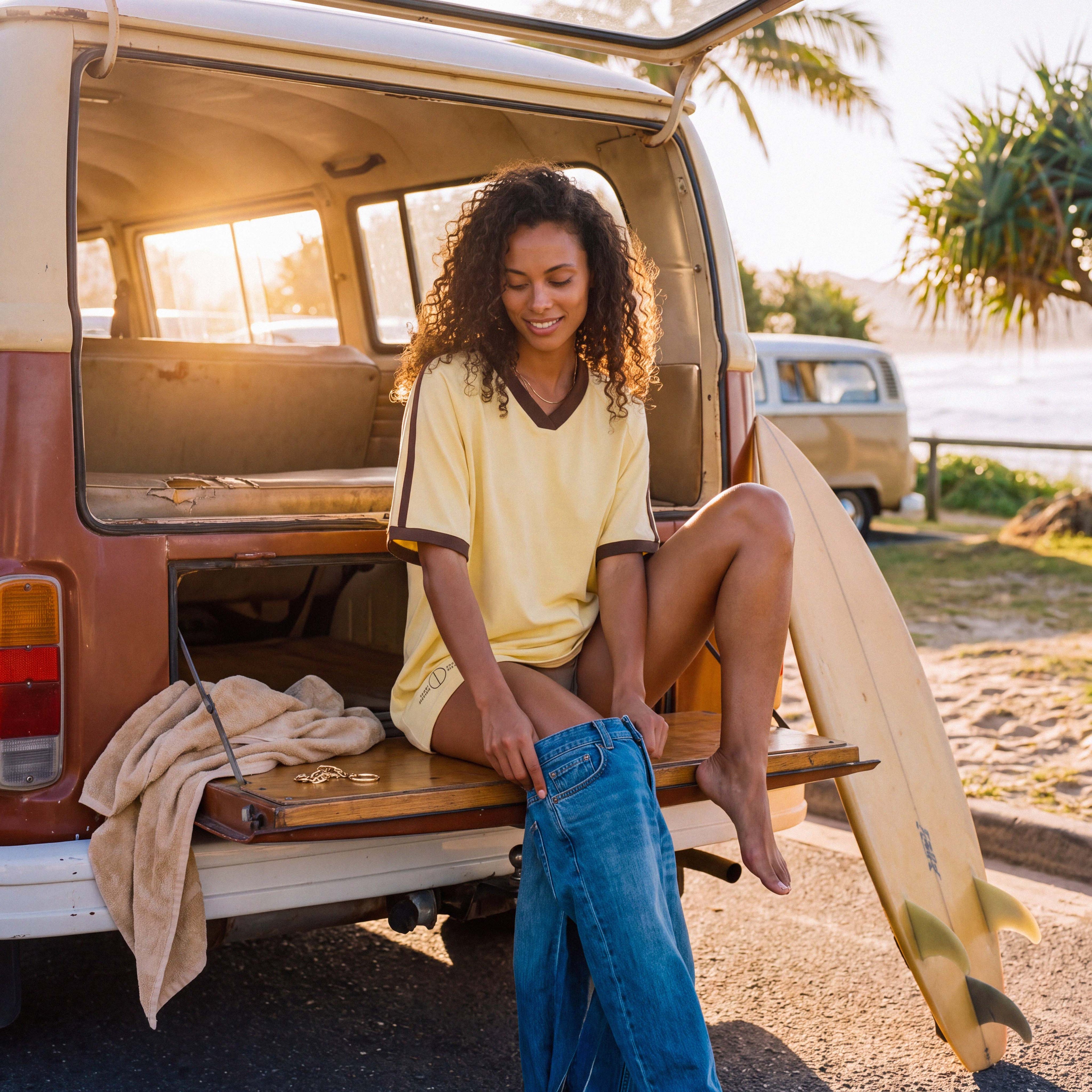 ANNI pale yellow organic cotton tee with brown trim styled on model – Oldest Daughter, Byron Bay