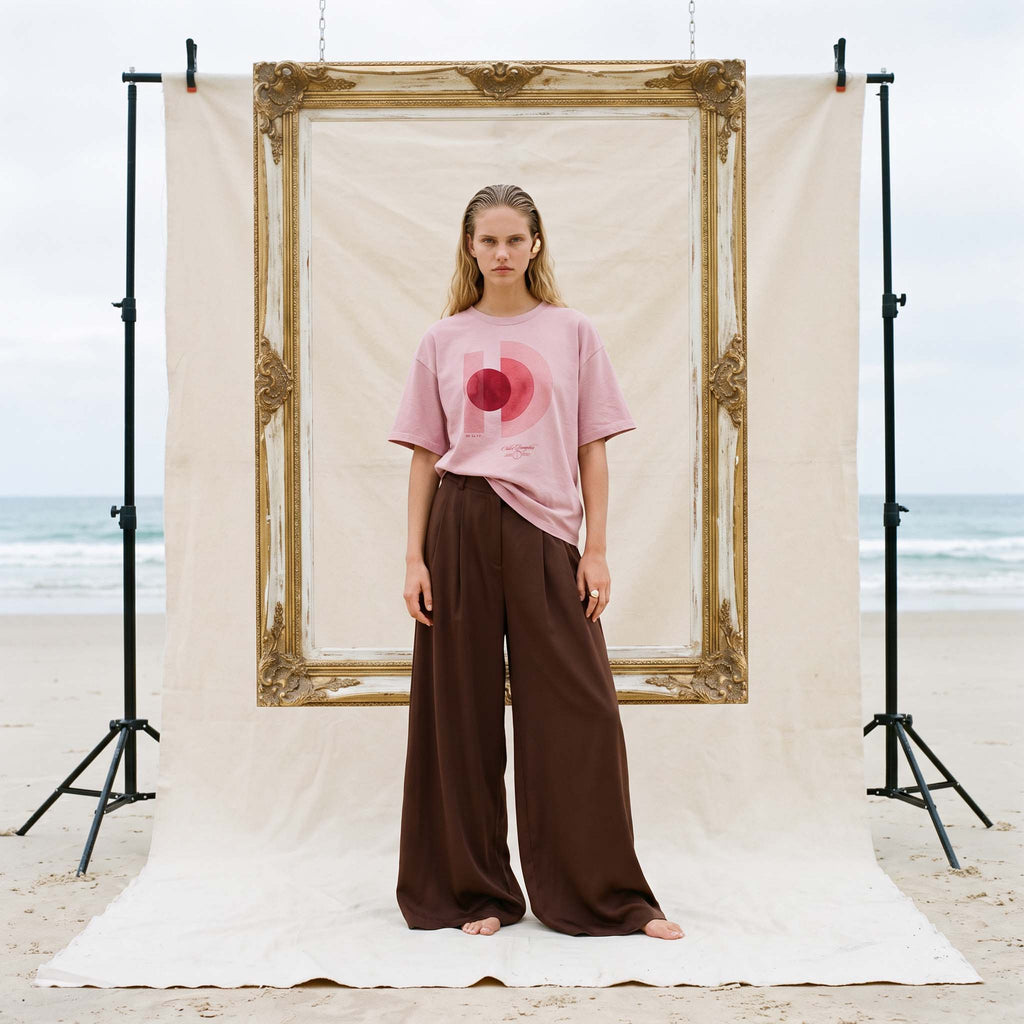 AYLA boxy vintage washed tee in blush organic cotton, worn with brown wide-leg trousers on a Byron Bay beach set – Oldest Daughter