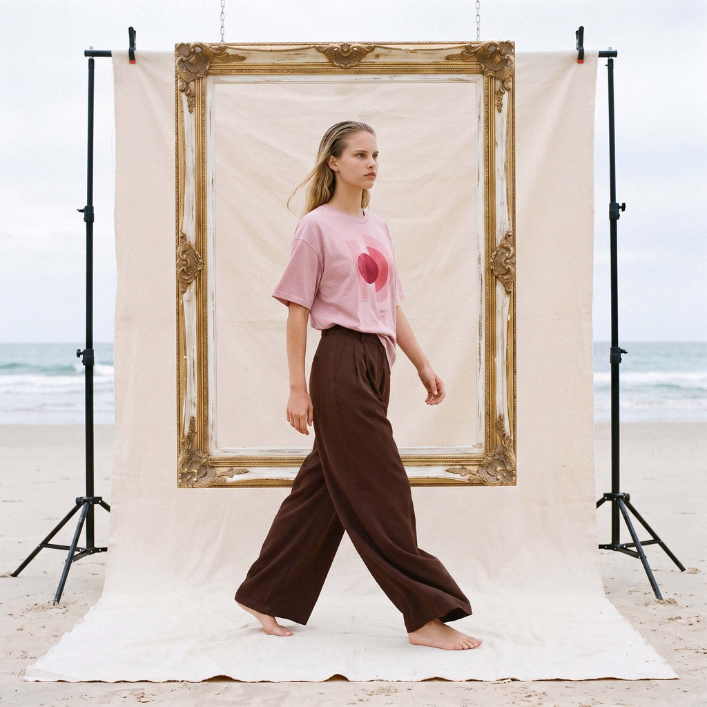 Model walking barefoot in the AYLA blush organic cotton tee and wide-leg trousers – Oldest Daughter, Byron Bay