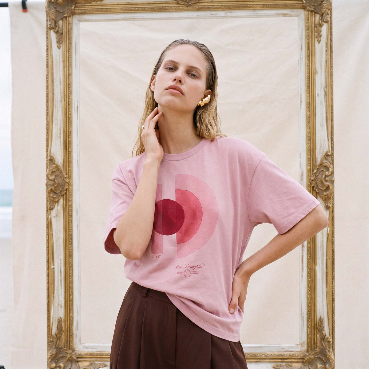 AYLA blush organic cotton tee worn relaxed, showing the drape of the lightweight 155gsm jersey – Oldest Daughter