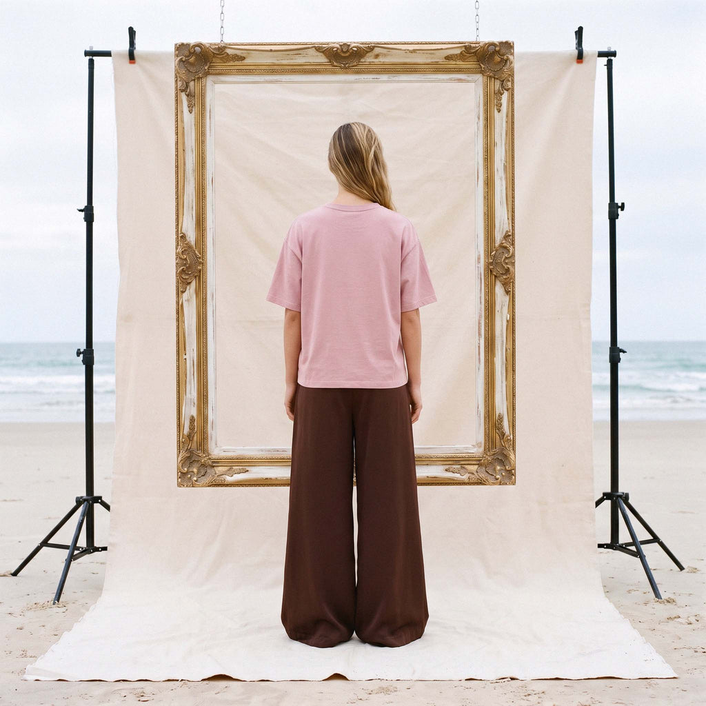 Back view of the AYLA organic cotton tee in blush, plain with no print across the back – Oldest Daughter