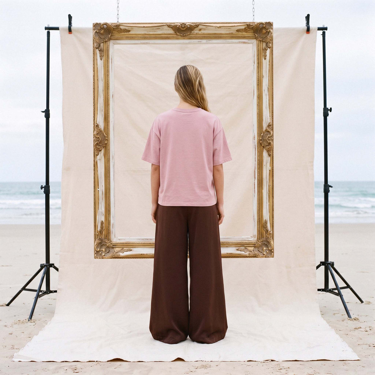 Back view of the AYLA organic cotton tee in blush, plain with no print across the back – Oldest Daughter