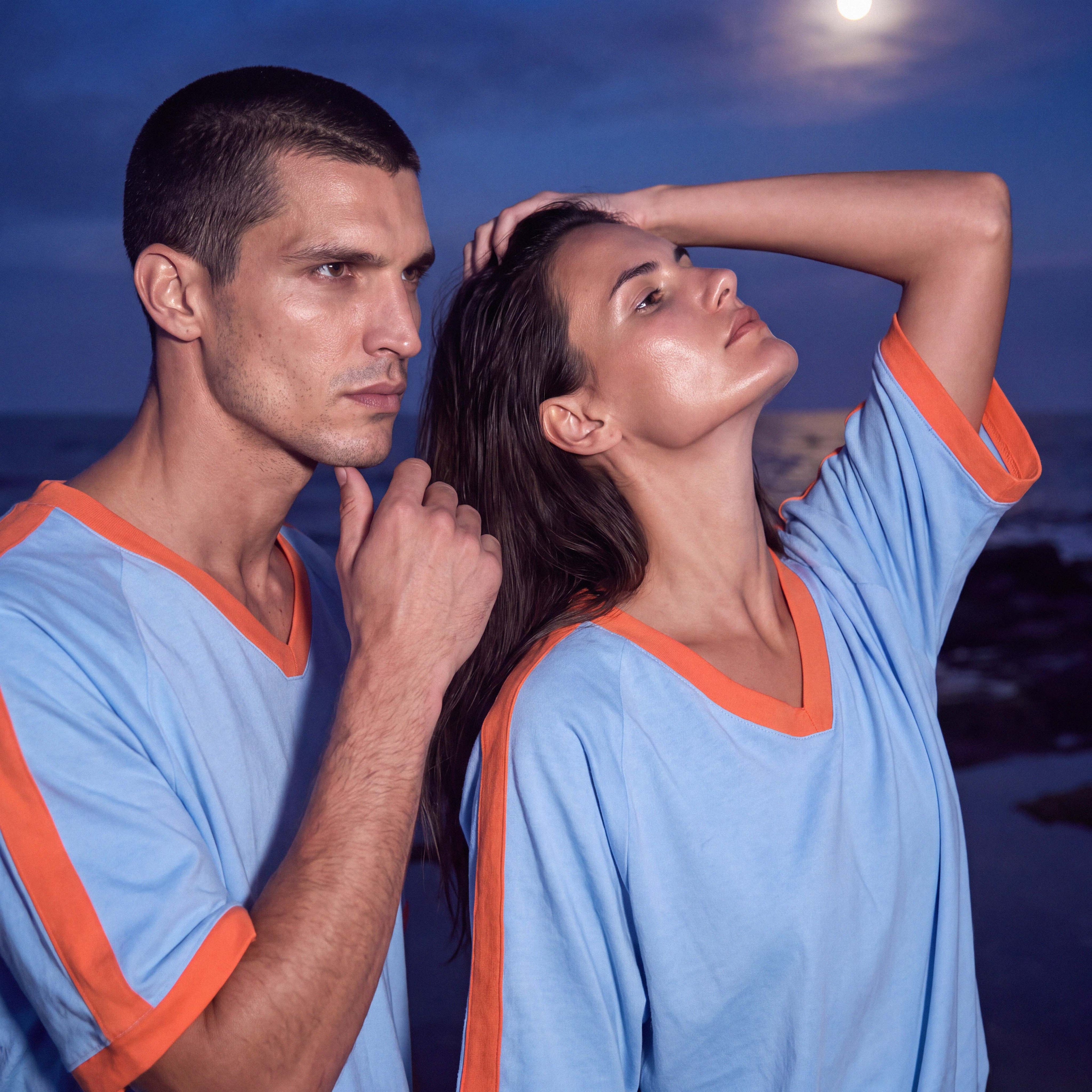 Rust trim against sky blue organic cotton on the BODHI jersey tee – Oldest Daughter, Byron Bay