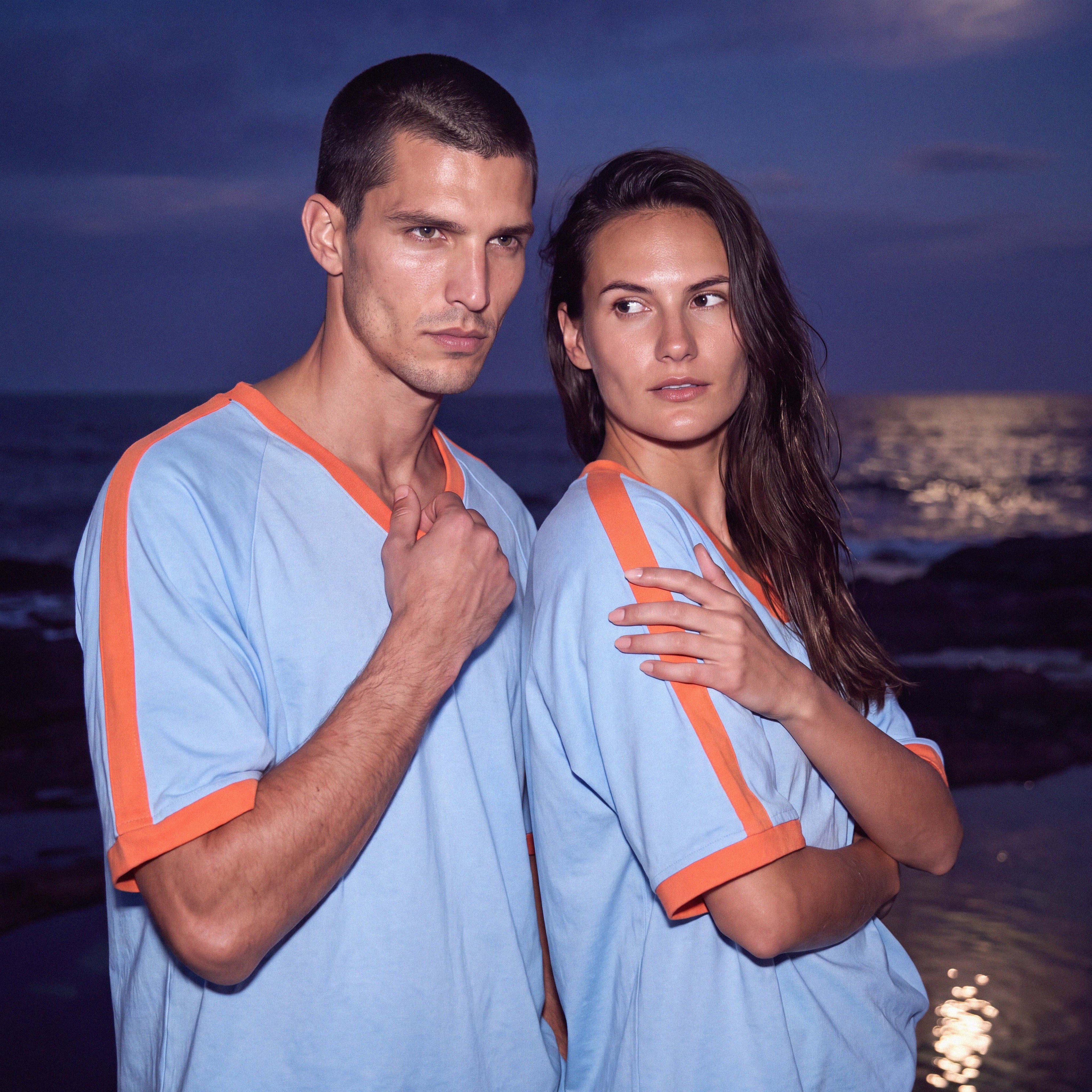 Front view of the sky blue BODHI organic cotton jersey tee – Oldest Daughter, Byron Bay