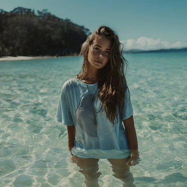 PRE-ORDER: 'Baby Not Blue' certified organic basic tee – milky blue (women) by Oldest Daughter