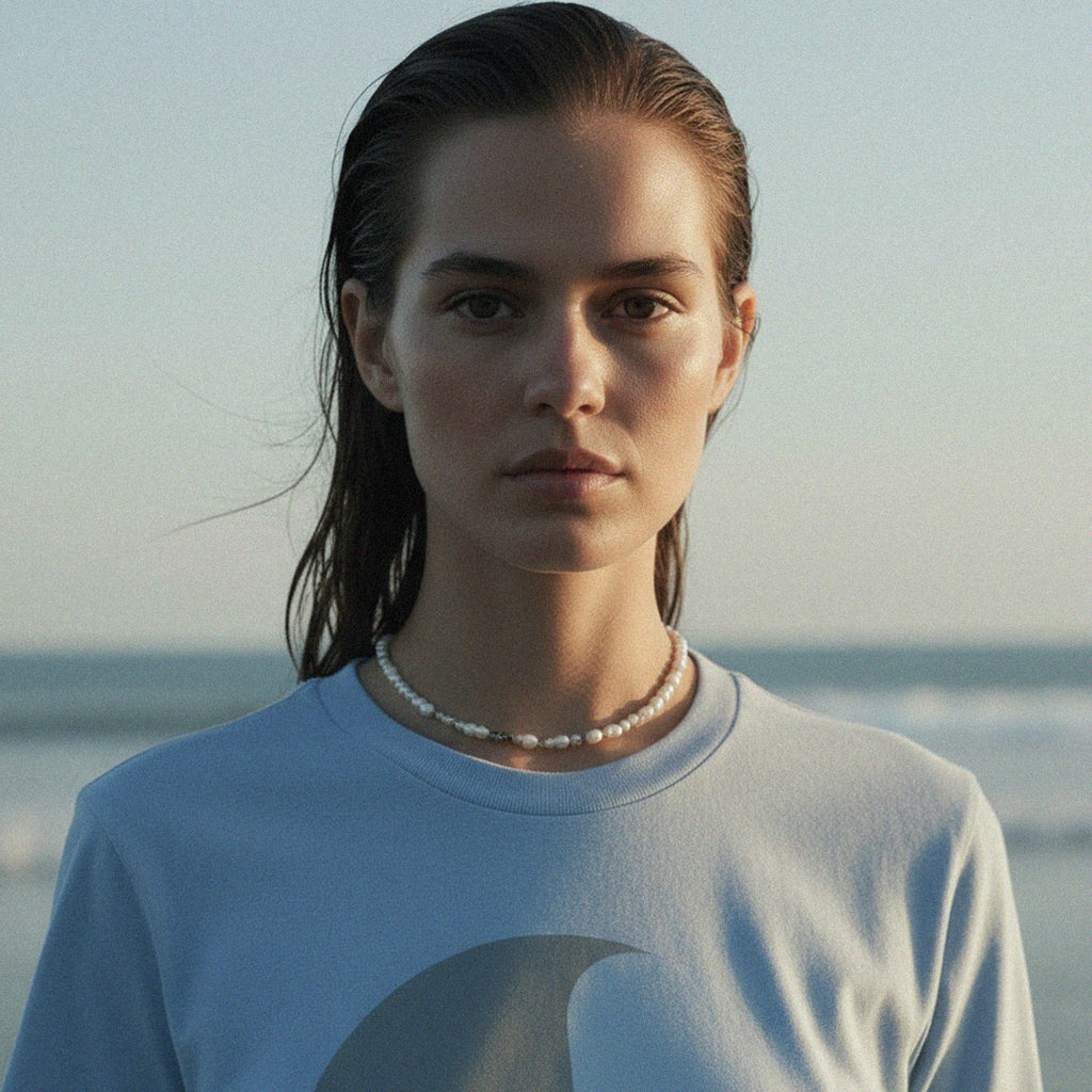 PRE-ORDER: 'Baby Not Blue' certified organic (basic) tee – milky blue (women) by Oldest Daughter