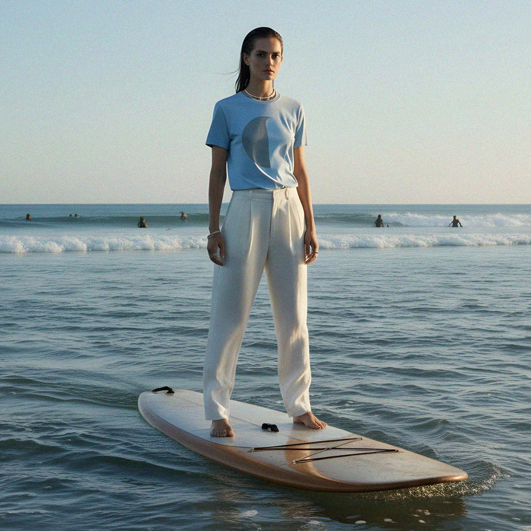 PRE-ORDER: 'Baby Not Blue' certified organic (basic) tee – milky blue (women) by Oldest Daughter