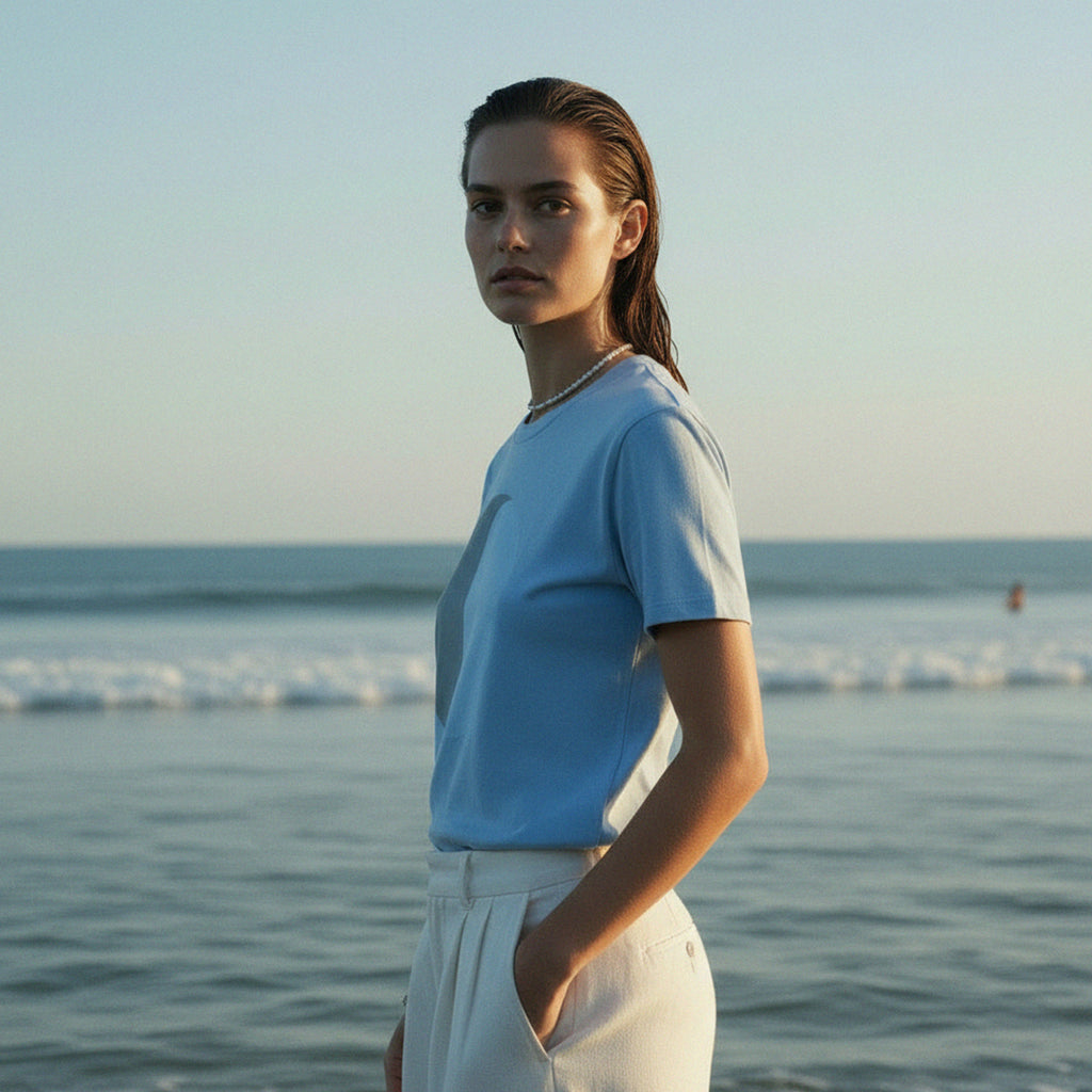 PRE-ORDER: 'Baby Not Blue' certified organic (basic) tee – milky blue (women) by Oldest Daughter