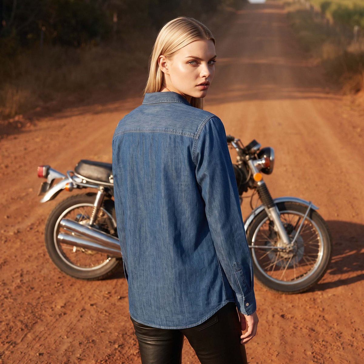Three-quarter view of the DEE organic cotton denim shirt on model – Oldest Daughter