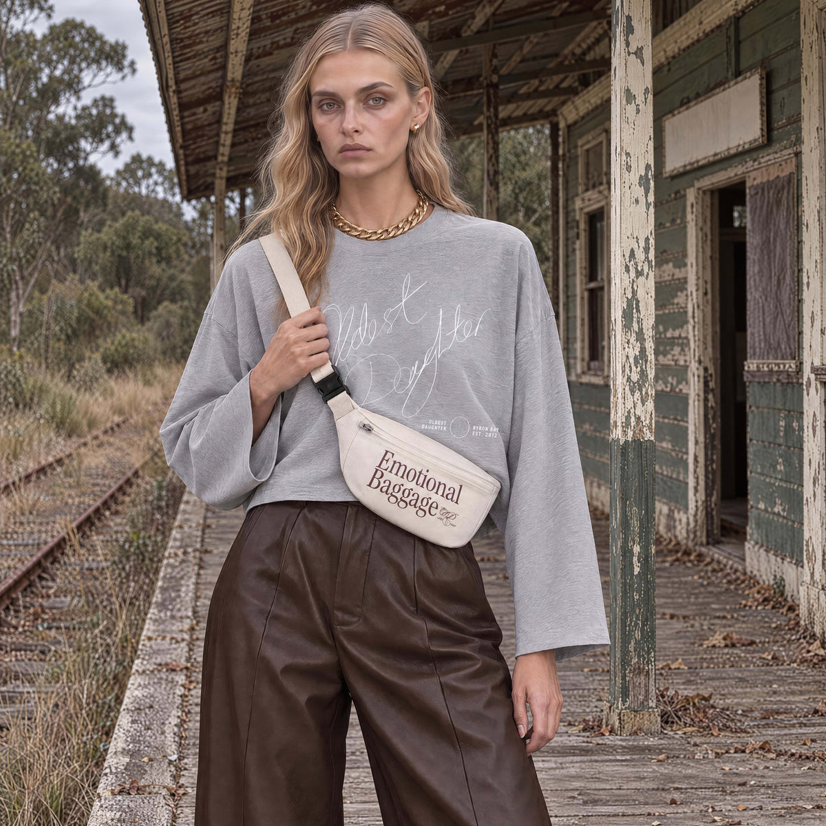 Emotional Baggage recycled canvas hip bag worn at the waist