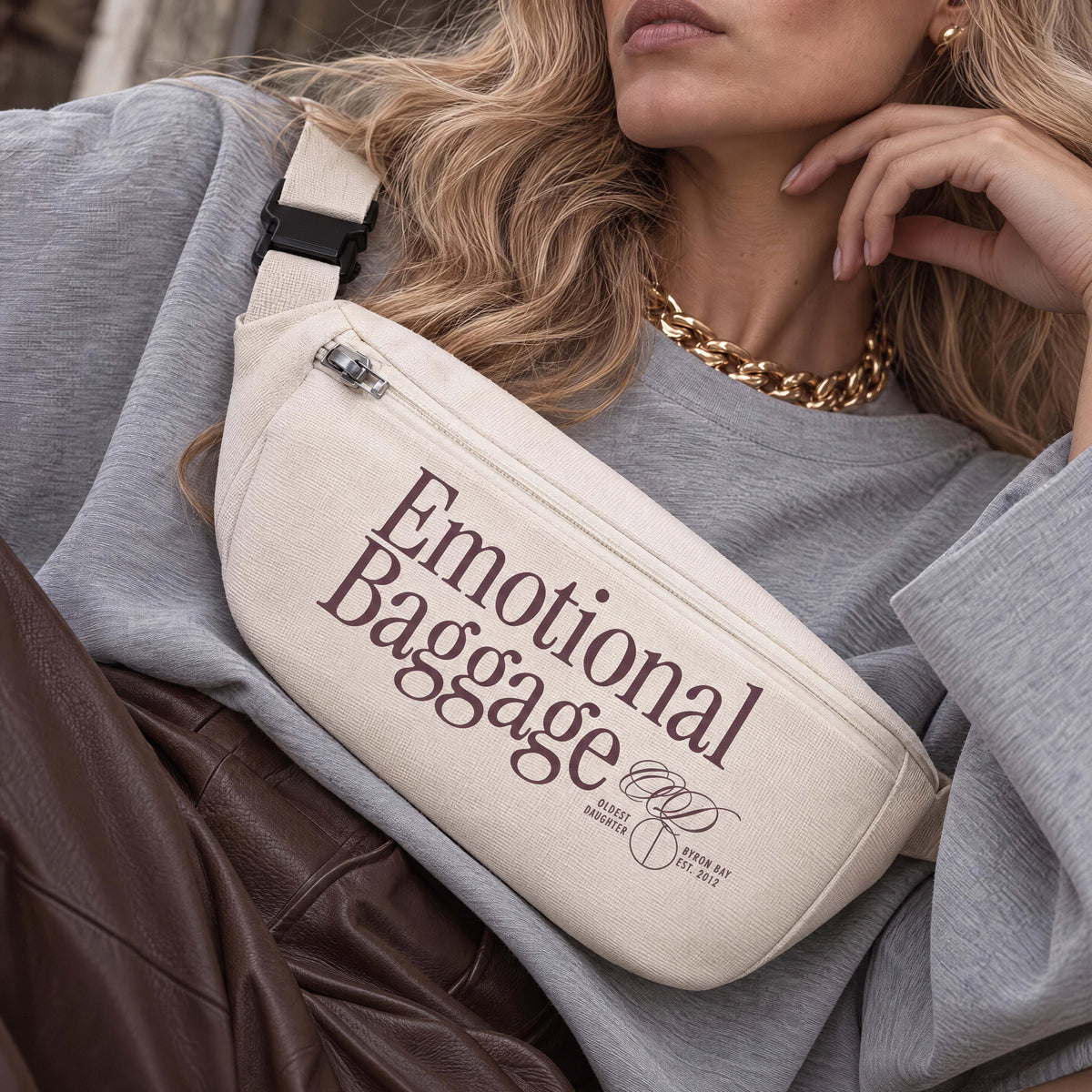 Emotional Baggage hip bag in cream recycled canvas, front view