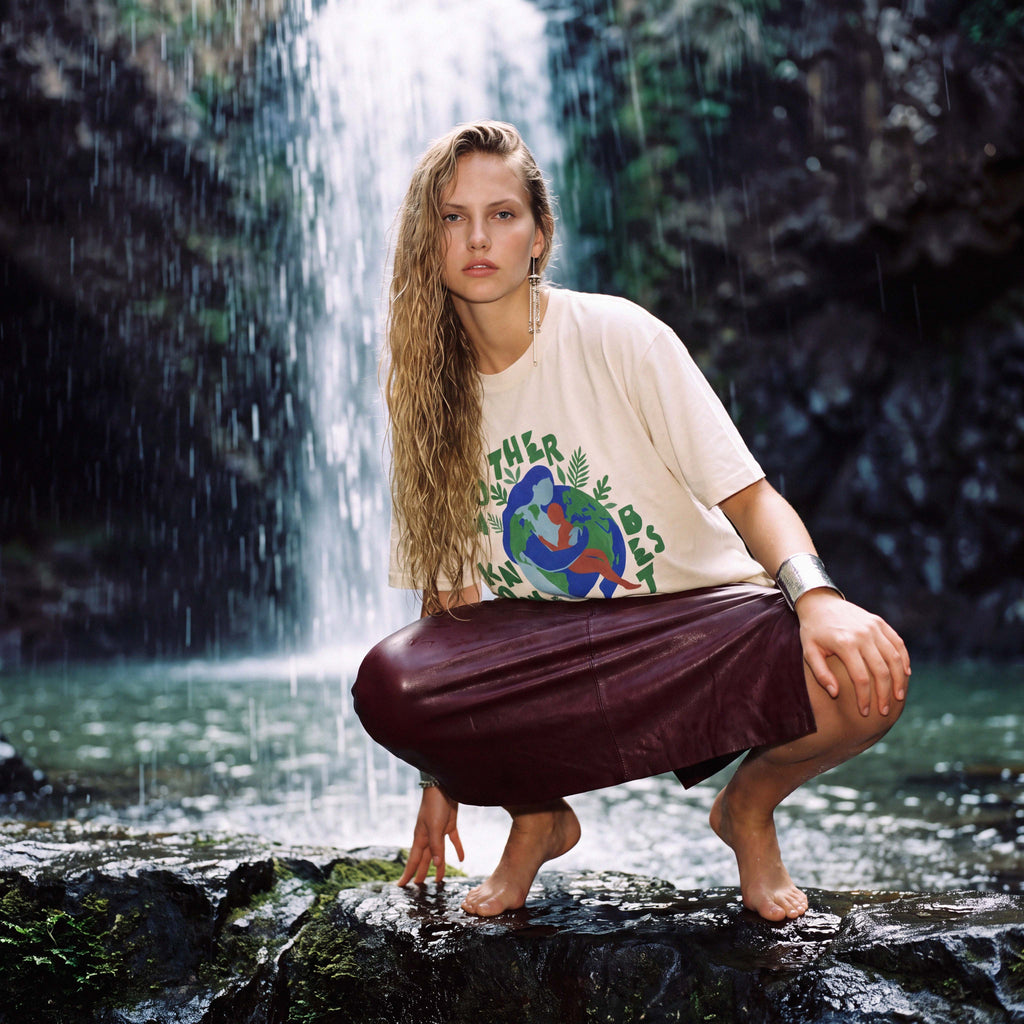EVE antique white organic cotton tee styled with wide-leg trousers – Oldest Daughter, Byron Bay