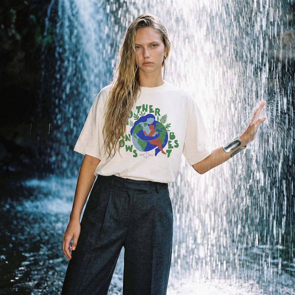Model wearing the unisex EVE organic cotton slouch tee outdoors – Oldest Daughter, Byron Bay