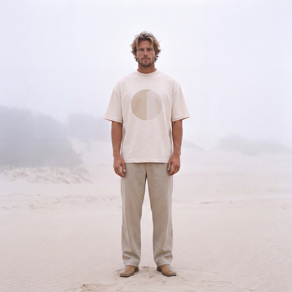 Full-length shot of a model in the HAZE organic cotton oversized tee – Oldest Daughter
