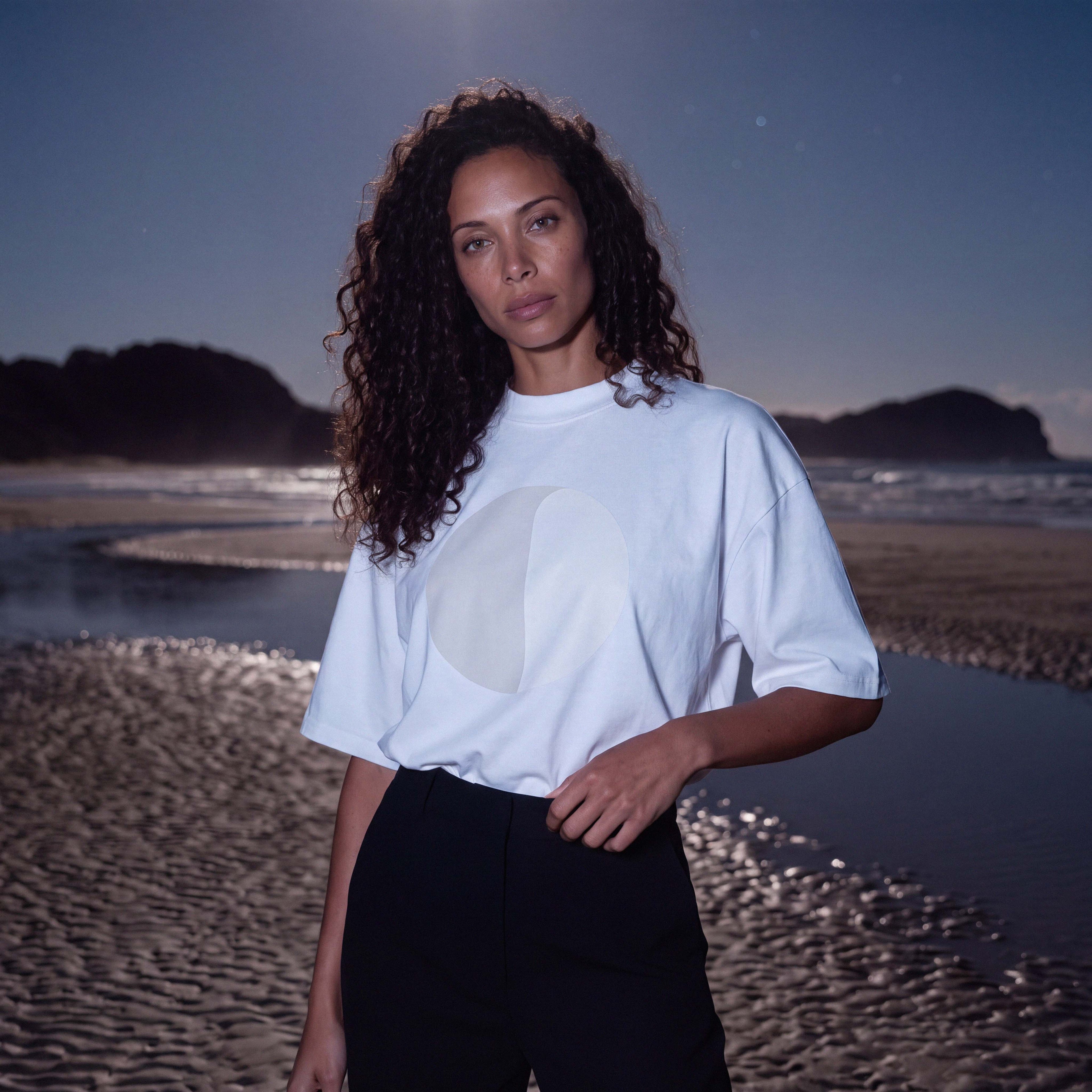 Model wearing the CIARA white organic cotton high-neck boyfriend tee – Oldest Daughter, Byron Bay