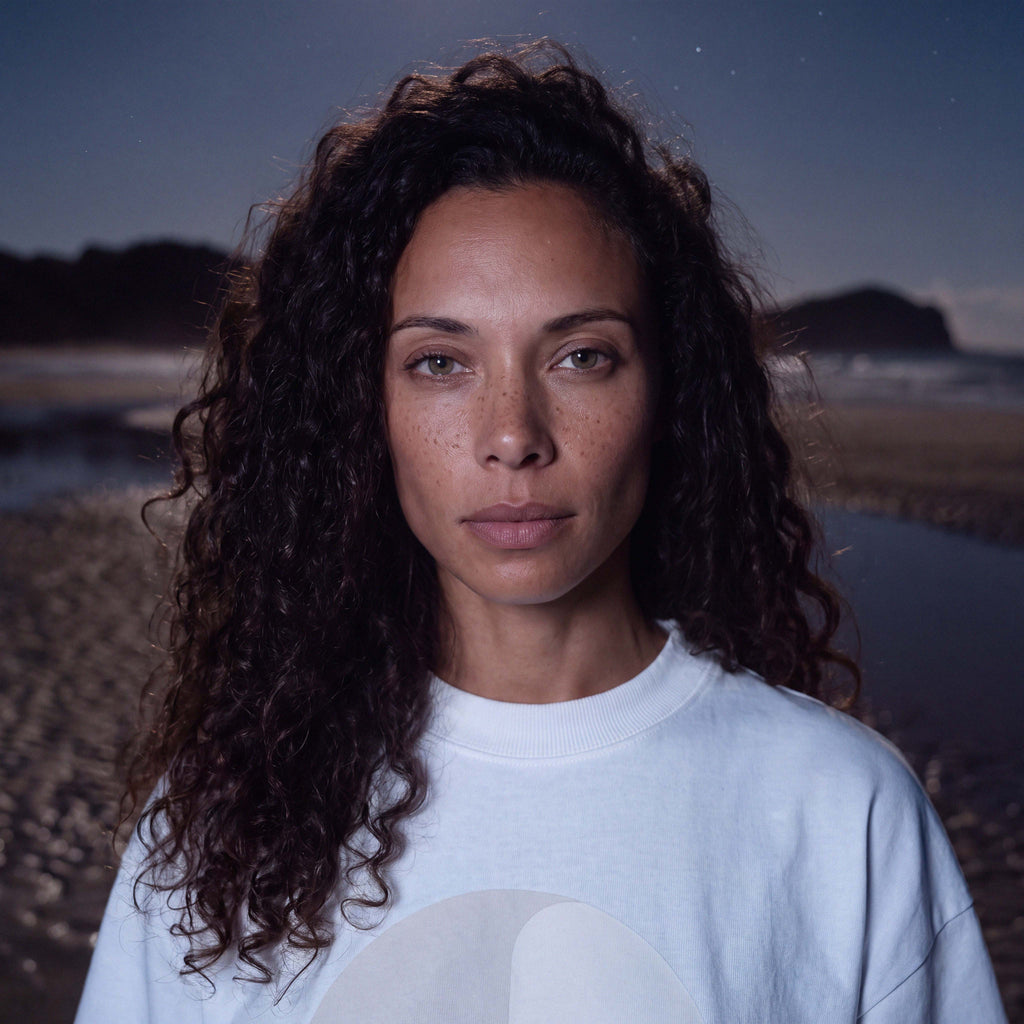 Oversized drape of the CIARA white organic cotton high-neck tee – Oldest Daughter, Byron Bay