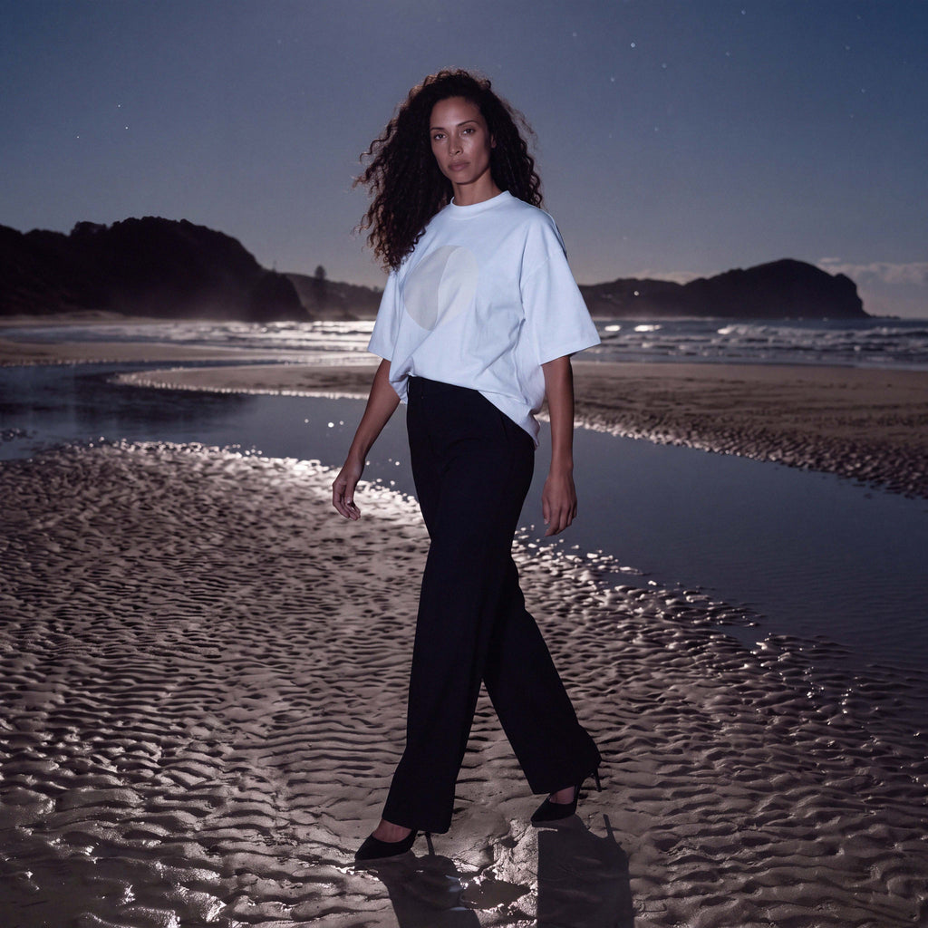 CIARA white organic cotton oversized boyfriend tee laid flat – Oldest Daughter, Byron Bay