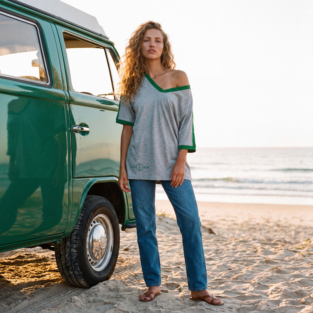 FLO extra-oversized boyfriend jersey tee in grey marle organic cotton with green trim – Oldest Daughter