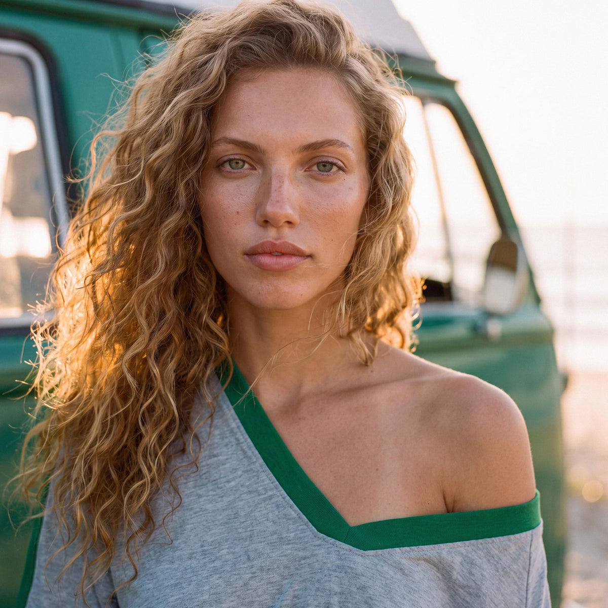 Green trim against grey marle organic cotton on the FLO jersey tee – Oldest Daughter, Byron Bay