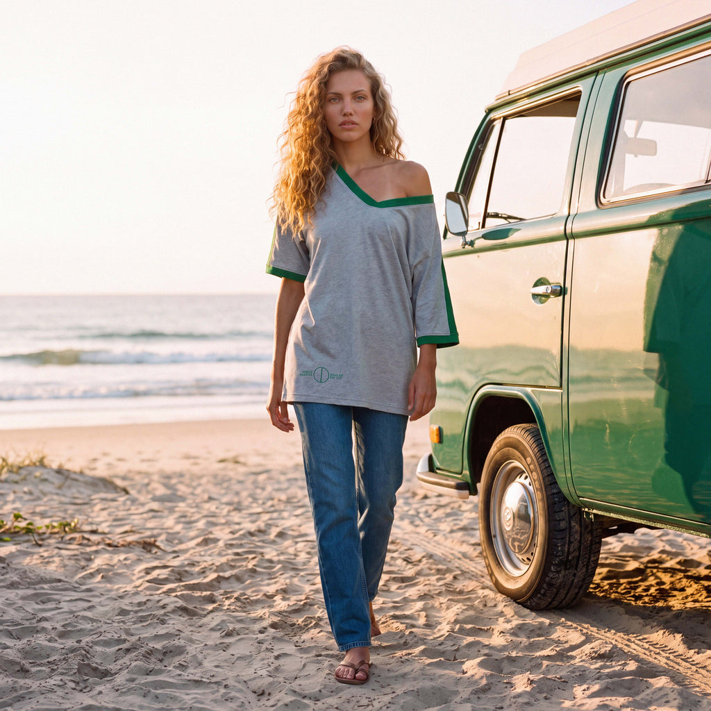 Close-up of the soft organic cotton jersey of the grey marle FLO tee – Oldest Daughter