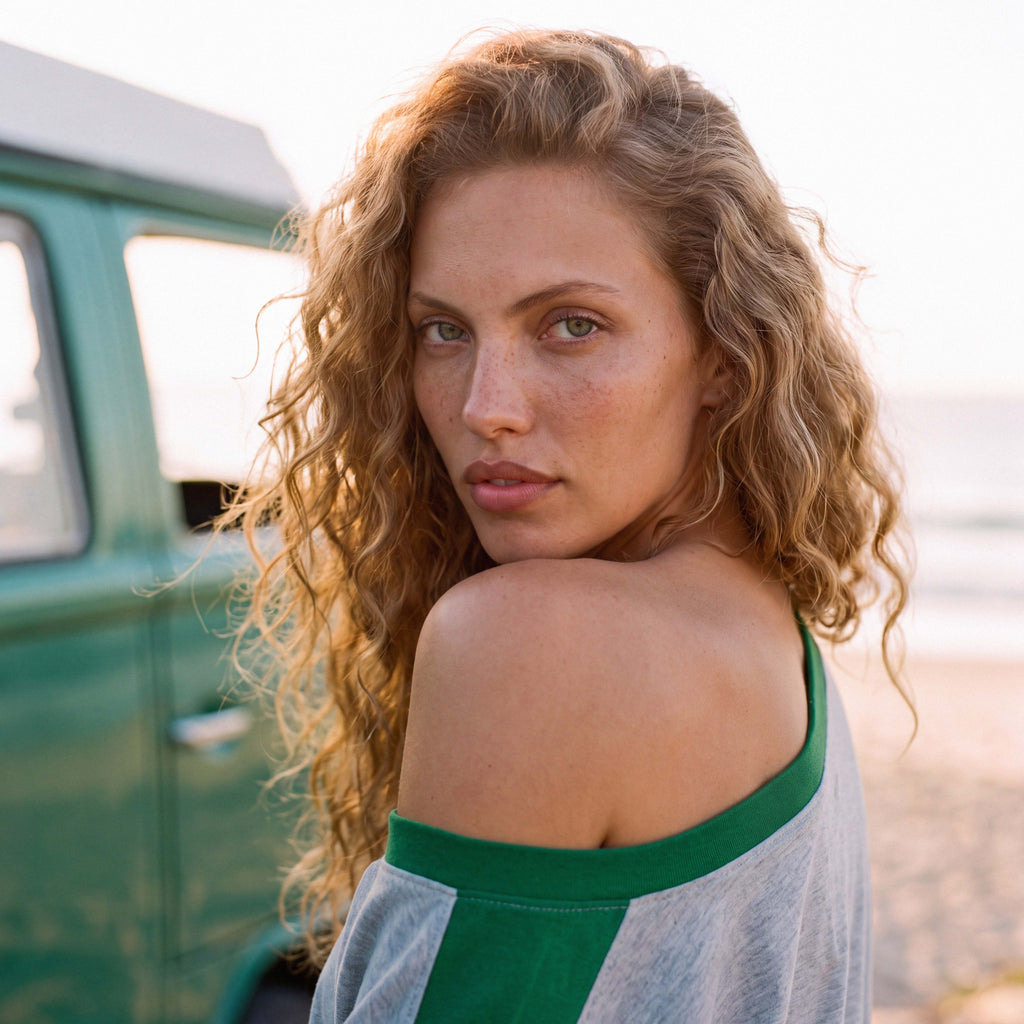 Relaxed oversized fit of the FLO organic cotton tee in grey marle – Oldest Daughter, Byron Bay