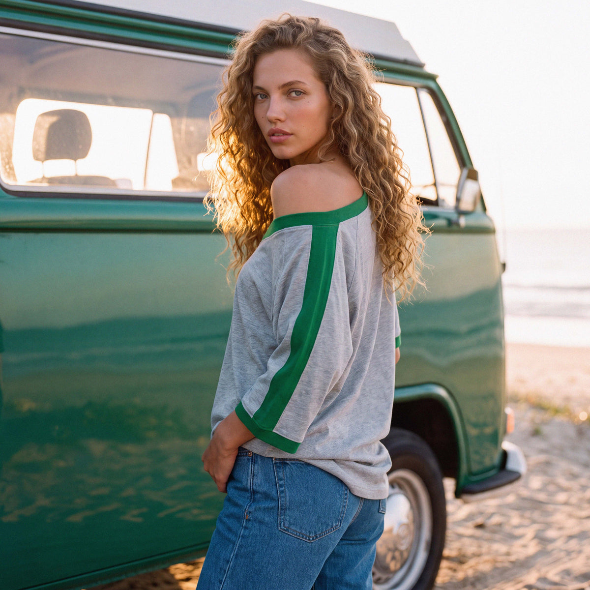 Half-length view of the grey marle FLO organic cotton boyfriend tee – Oldest Daughter
