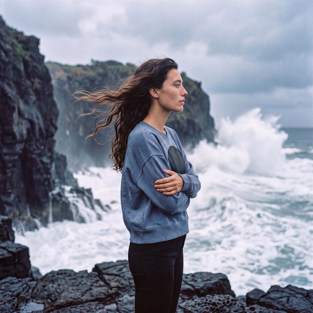 Sleeve and cuff detail of the storm blue-grey GAIL organic cotton jumper – Oldest Daughter
