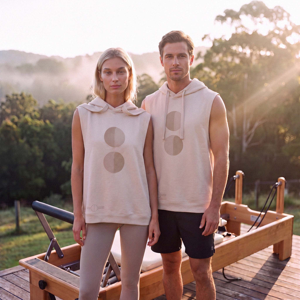 Close-up of the tonal circle print on the INES organic cotton hooded tank – Oldest Daughter, Byron Bay