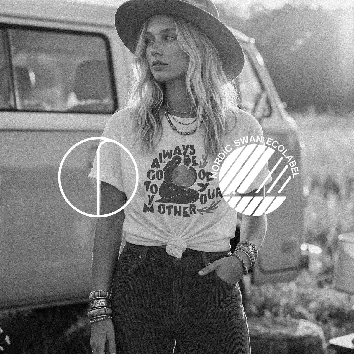 Model wearing the KAIA organic cotton slouch tee with the mother earth print – Oldest Daughter, Byron Bay