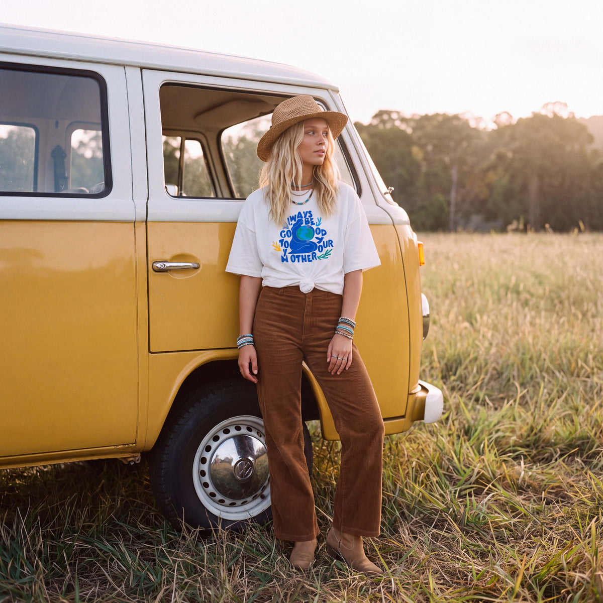 KAIA cream organic cotton boyfriend tee styled loose and easy – Oldest Daughter, Byron Bay