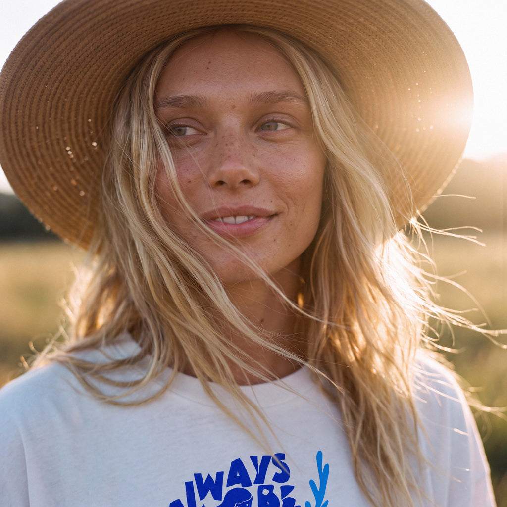 Close-up of the soft GOTS-certified organic cotton jersey of the KAIA tee – Oldest Daughter, Byron Bay