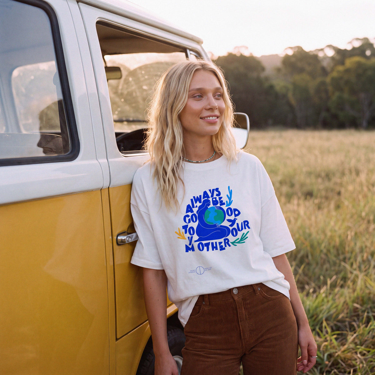 The KAIA earth print in blue on cream organic cotton – Oldest Daughter, Byron Bay