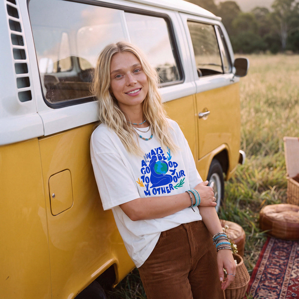 KAIA oversized organic cotton tee, shown on the body for fit – Oldest Daughter, Byron Bay