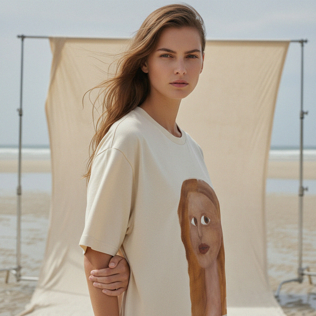 LIMITED EDITION 'Lisa Mona' certified organic (oversized) tee – oat (women) by Oldest Daughter