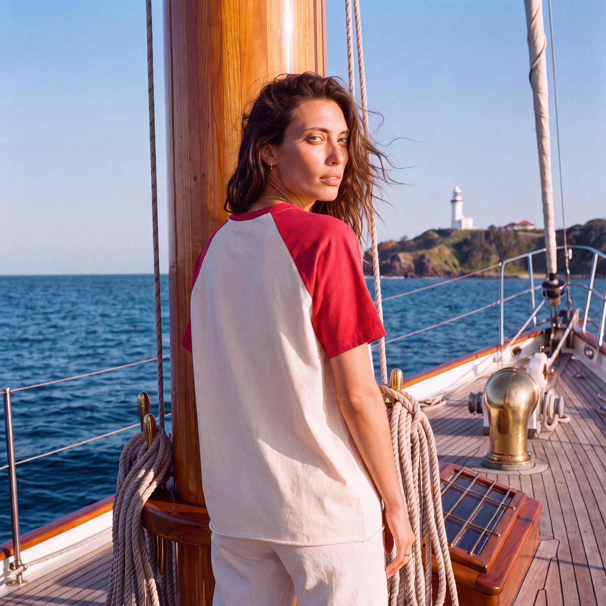 Oversized fit of the MABEL organic cotton raglan tee on model – Oldest Daughter, Byron Bay