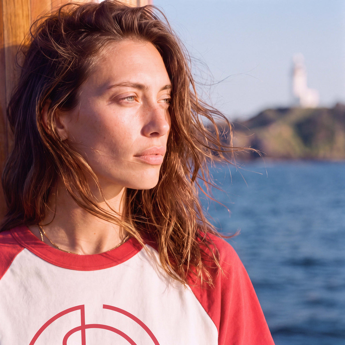 MABEL marshmallow and rust-red organic cotton tee worn relaxed – Oldest Daughter, Byron Bay