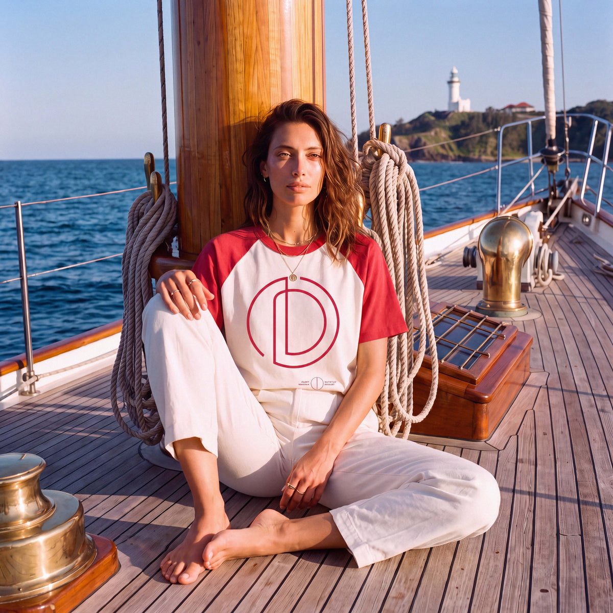 Model in the MABEL raglan tee, marshmallow organic cotton, three-quarter view – Oldest Daughter