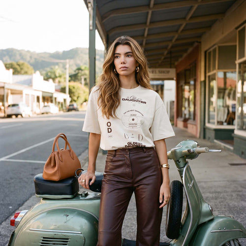 MACY women's boxy tee in undyed natural organic cotton, front view – Oldest Daughter, Byron Bay