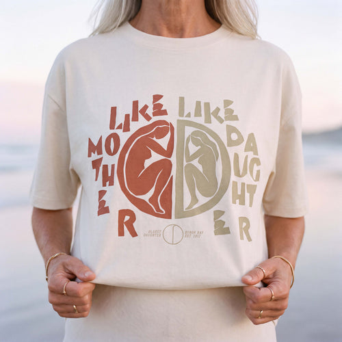 Model wearing the natural MIMI organic cotton boyfriend tee, front view – Oldest Daughter, Byron Bay