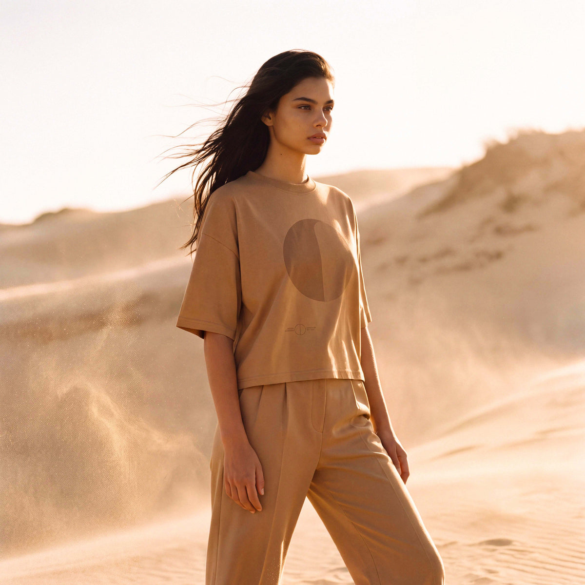 Sleeve and shoulder detail on the sand SANDI boxy boyfriend tee – Oldest Daughter, Byron Bay