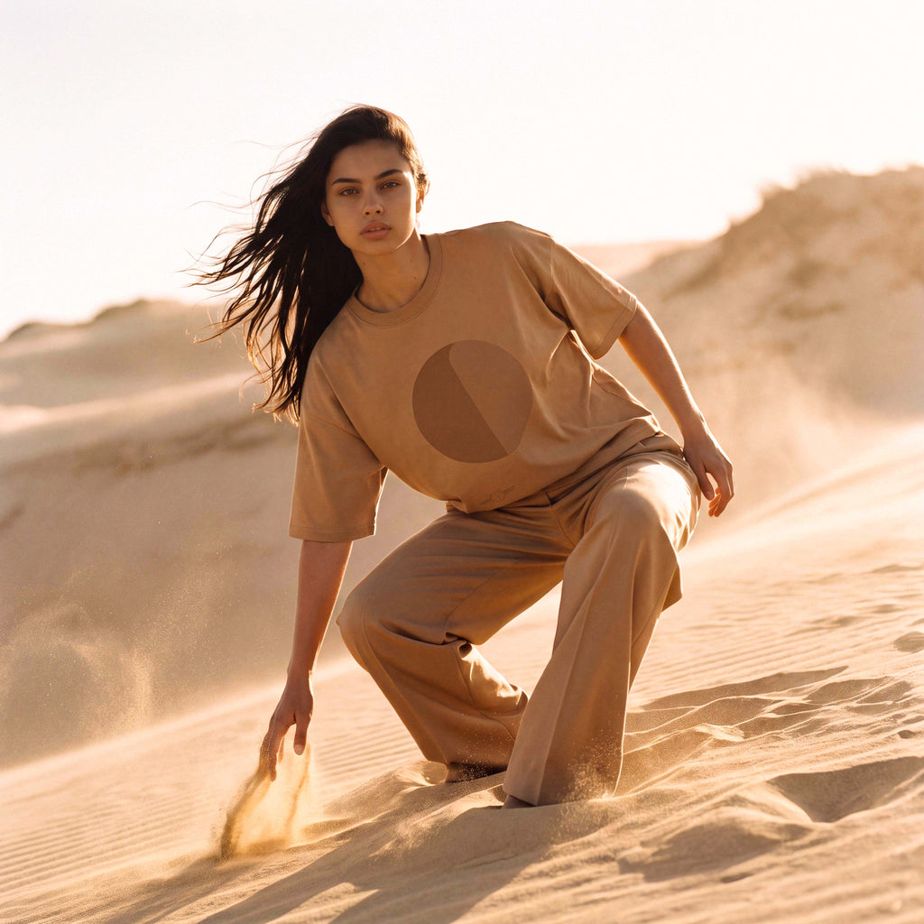 Front view of the sand SANDI oversized boxy boyfriend tee – Oldest Daughter, Byron Bay