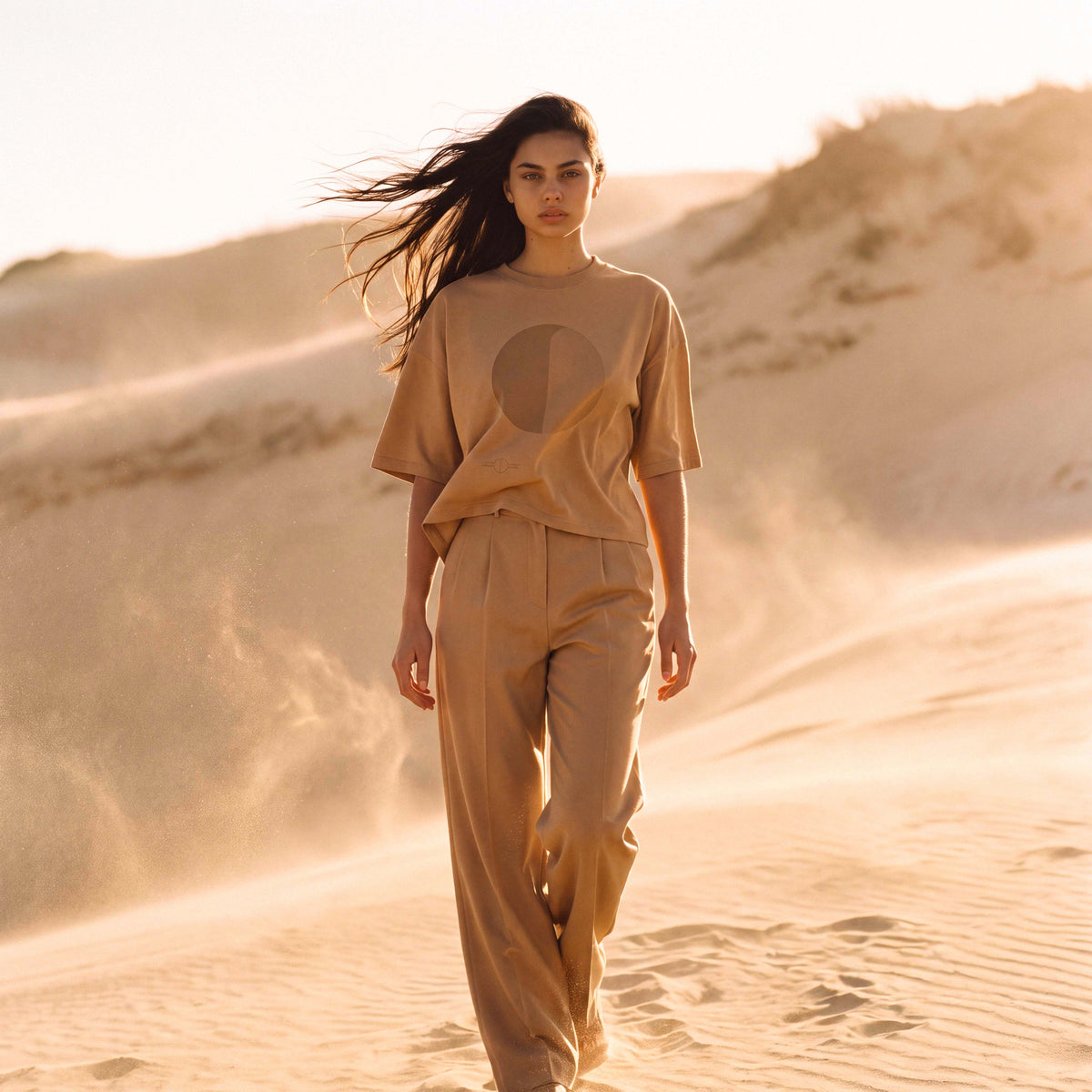 Close-up of the tonal OD emblem on the sand SANDI boxy tee – Oldest Daughter, Byron Bay